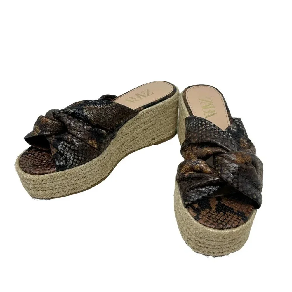 Zara Brown Snakeskin Jute Espadrille Platform Slide Sandals Size 39 /‎ US 8.5